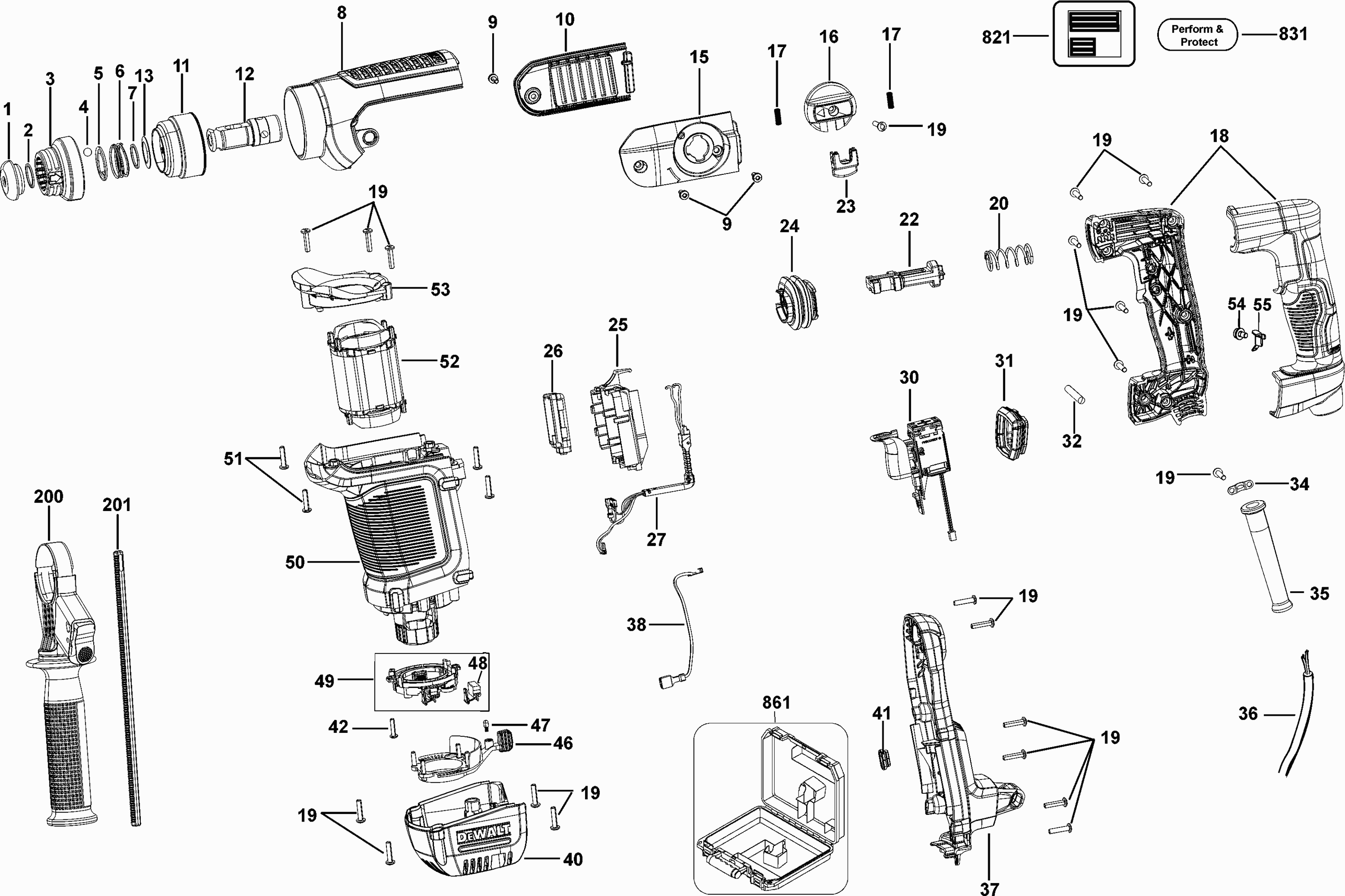 Dewalt D25416k Type 2 spare parts and technical drawings Kruis Powertools